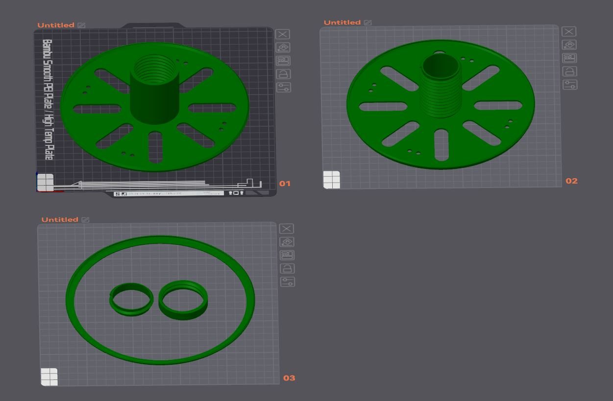 CAD slicer preview of cardboard spool reinforcement plates and rings for AMS use.