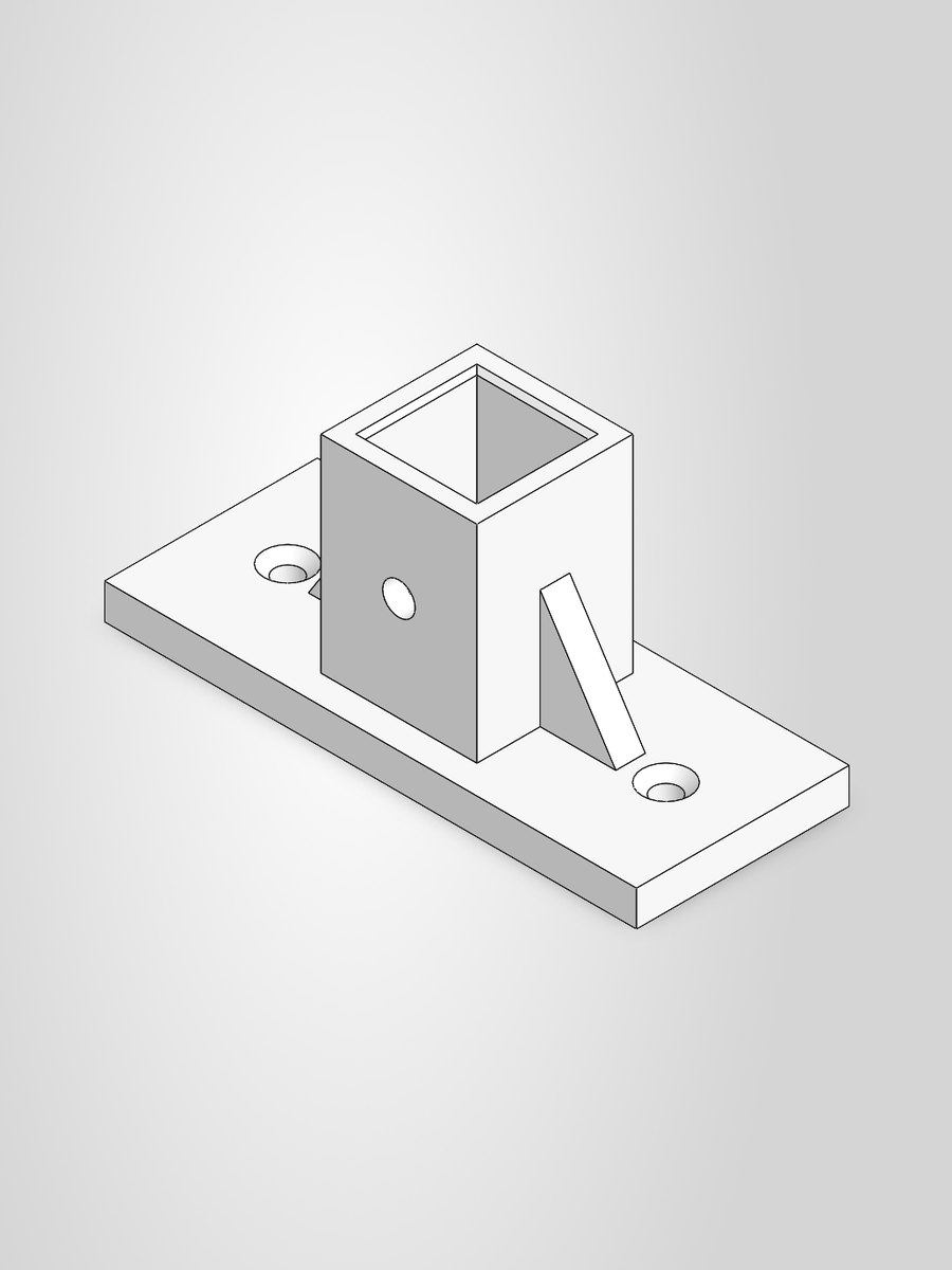 CAD model of the base mount with a square socket, two gussets and three countersunk screw holes.