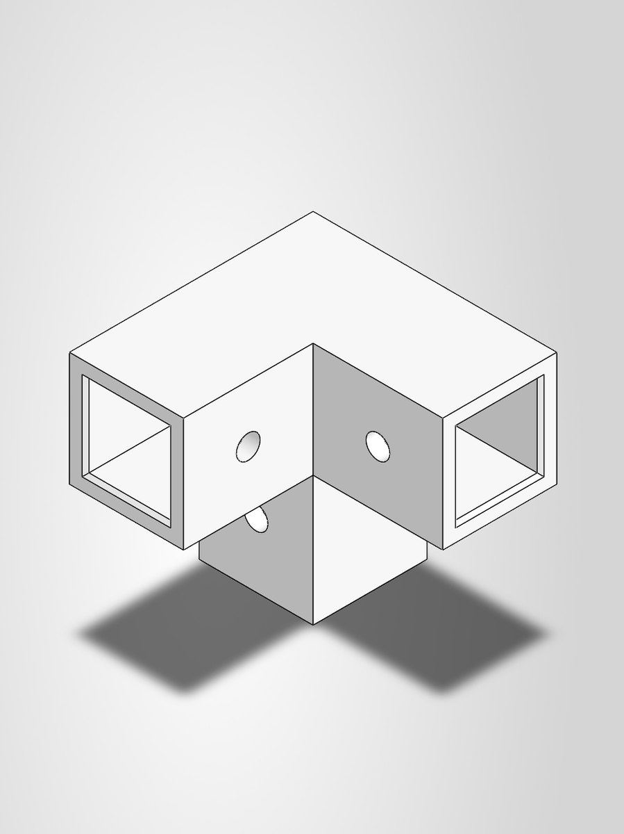 CAD model of the three-way corner connector joining two rails and a post.