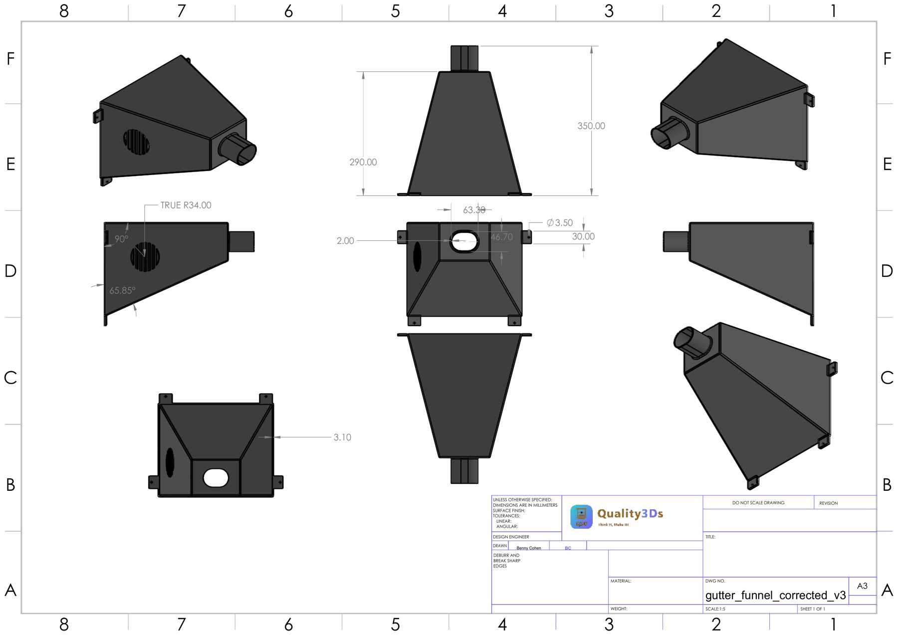CAD engineering drawing of the gutter funnel, with shaded views and dimensions.