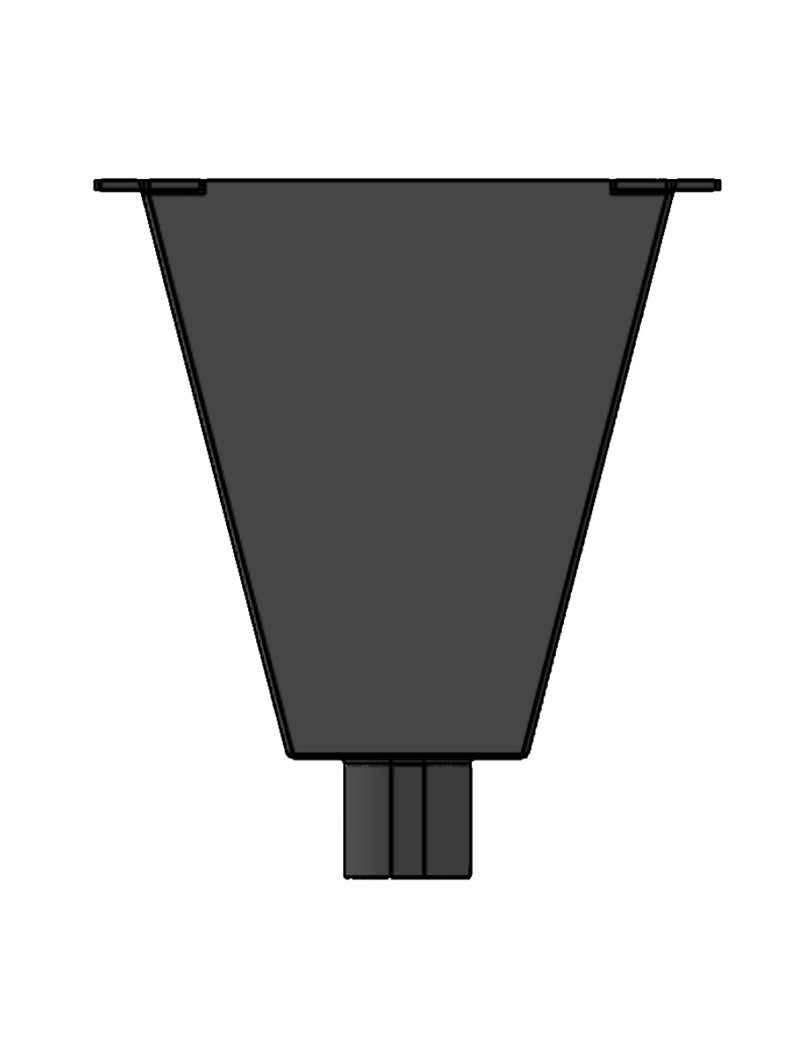 Shaded CAD front view of the custom gutter funnel, showing its tapered body, outlet and mounting tabs, oriented as installed.
