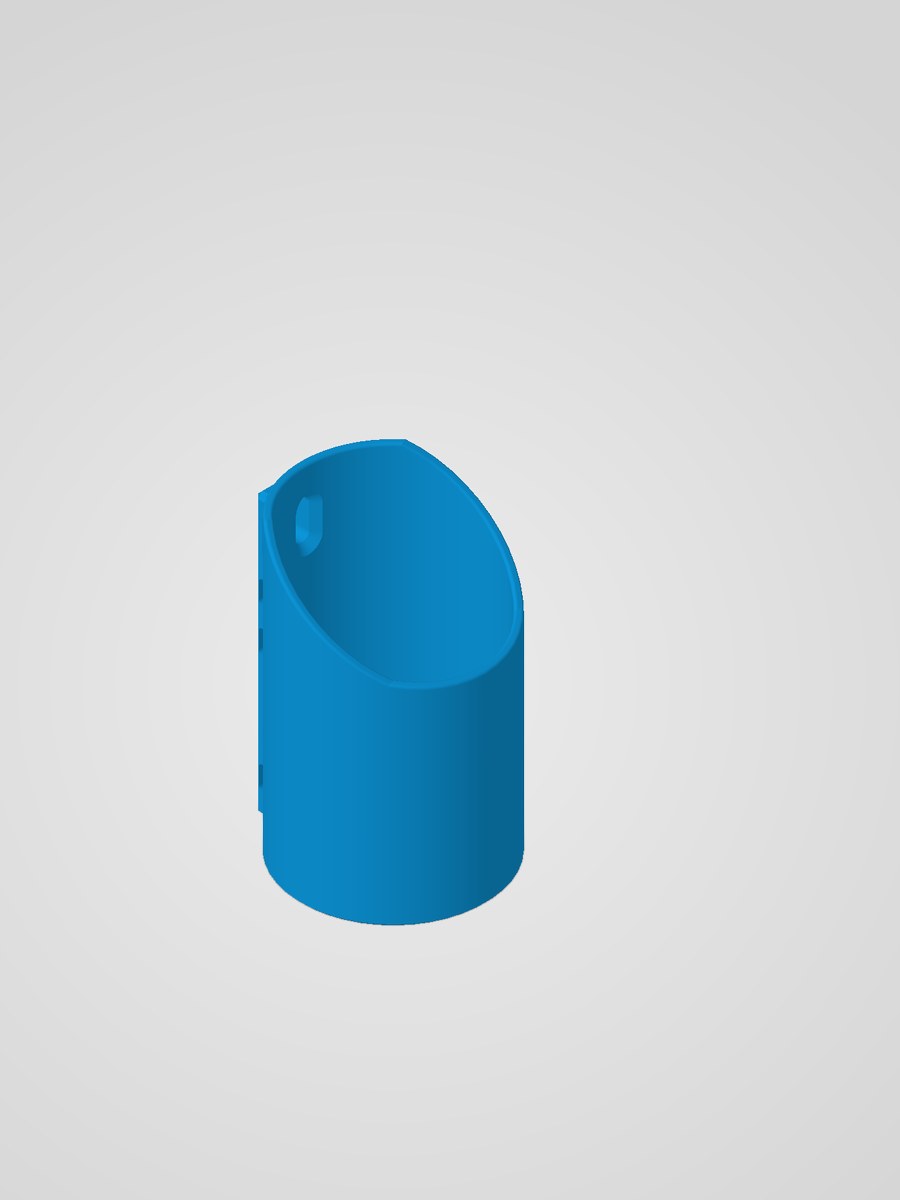 Isometric CAD model of the bottle holder, showing the angled opening and rear mounting plate.