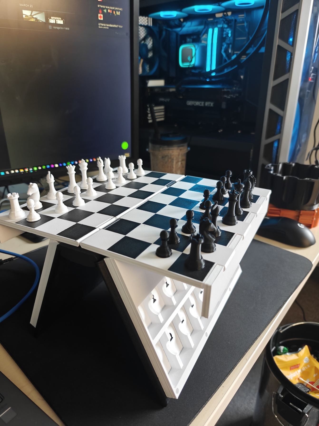 Client-supplied print-in-place chess book opened as a chess board with pieces on top.