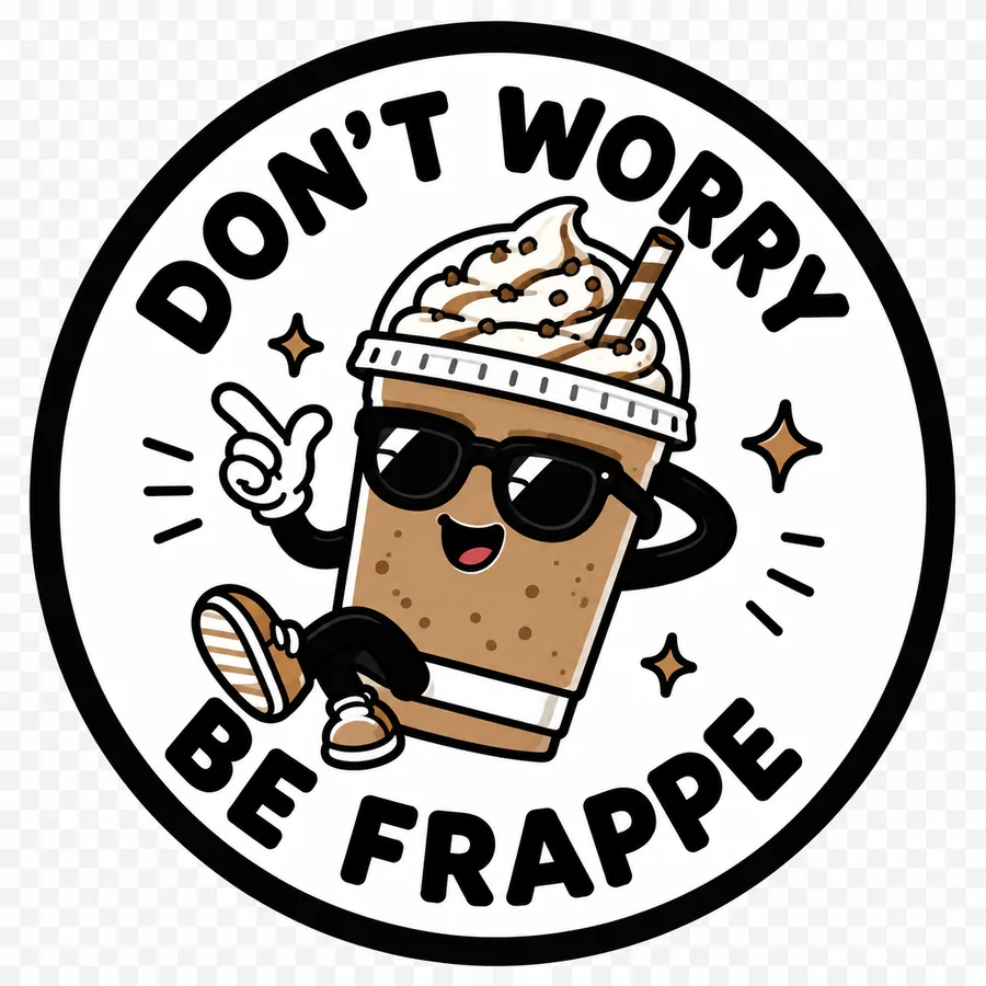 Don't Worry, Be Frappe coffee coaster design number 11.