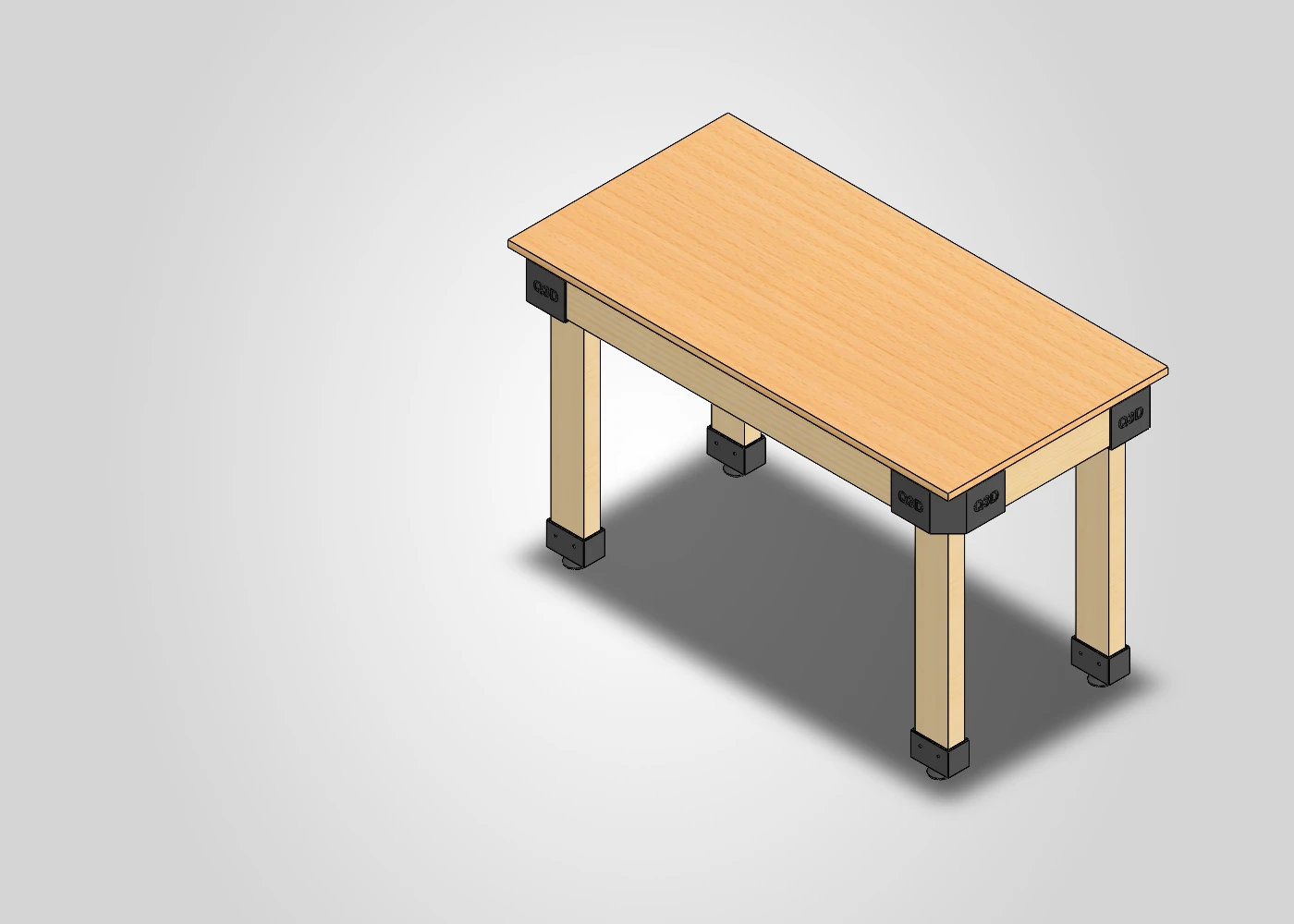 CAD assembly of the Quality3Ds 1,200 × 600 mm timber table with black printed corners and levelling sleeves.