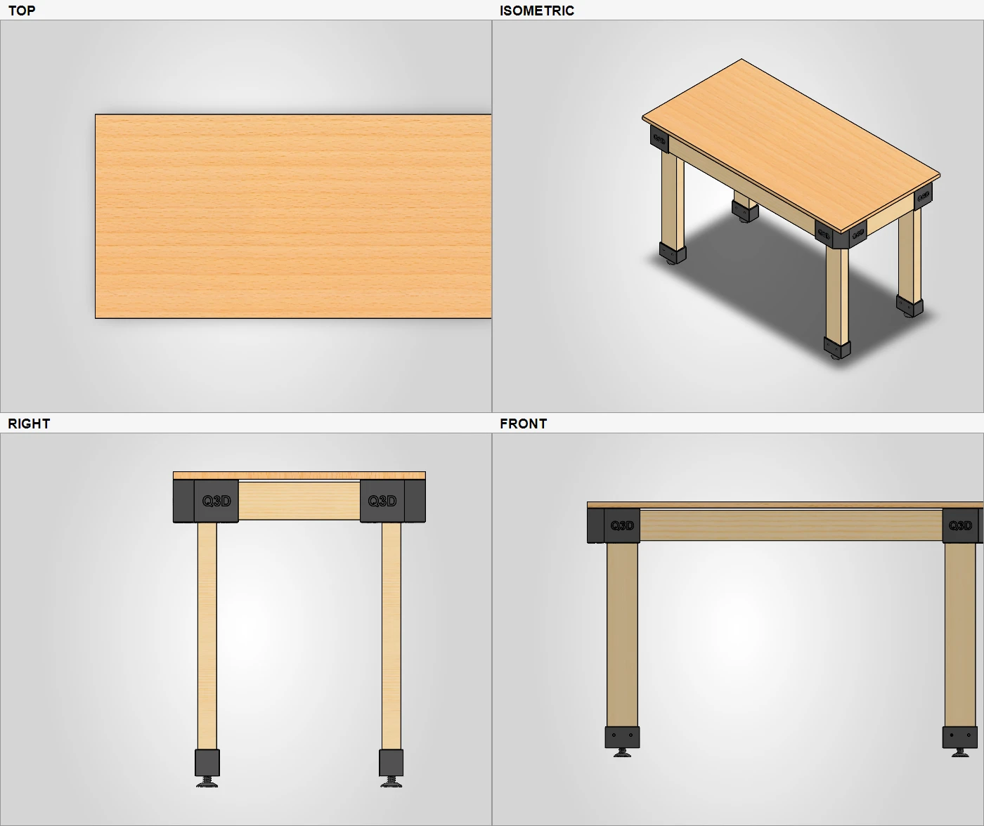 Top, isometric, right and front CAD views of the 1,200 × 600 mm table.
