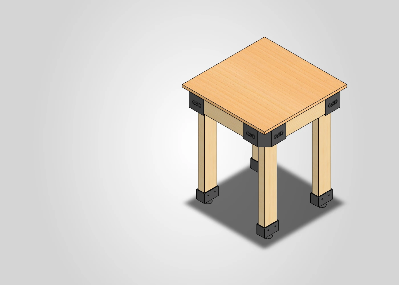 CAD assembly of the Quality3Ds 600 × 600 mm timber table with black printed corners and levelling sleeves.