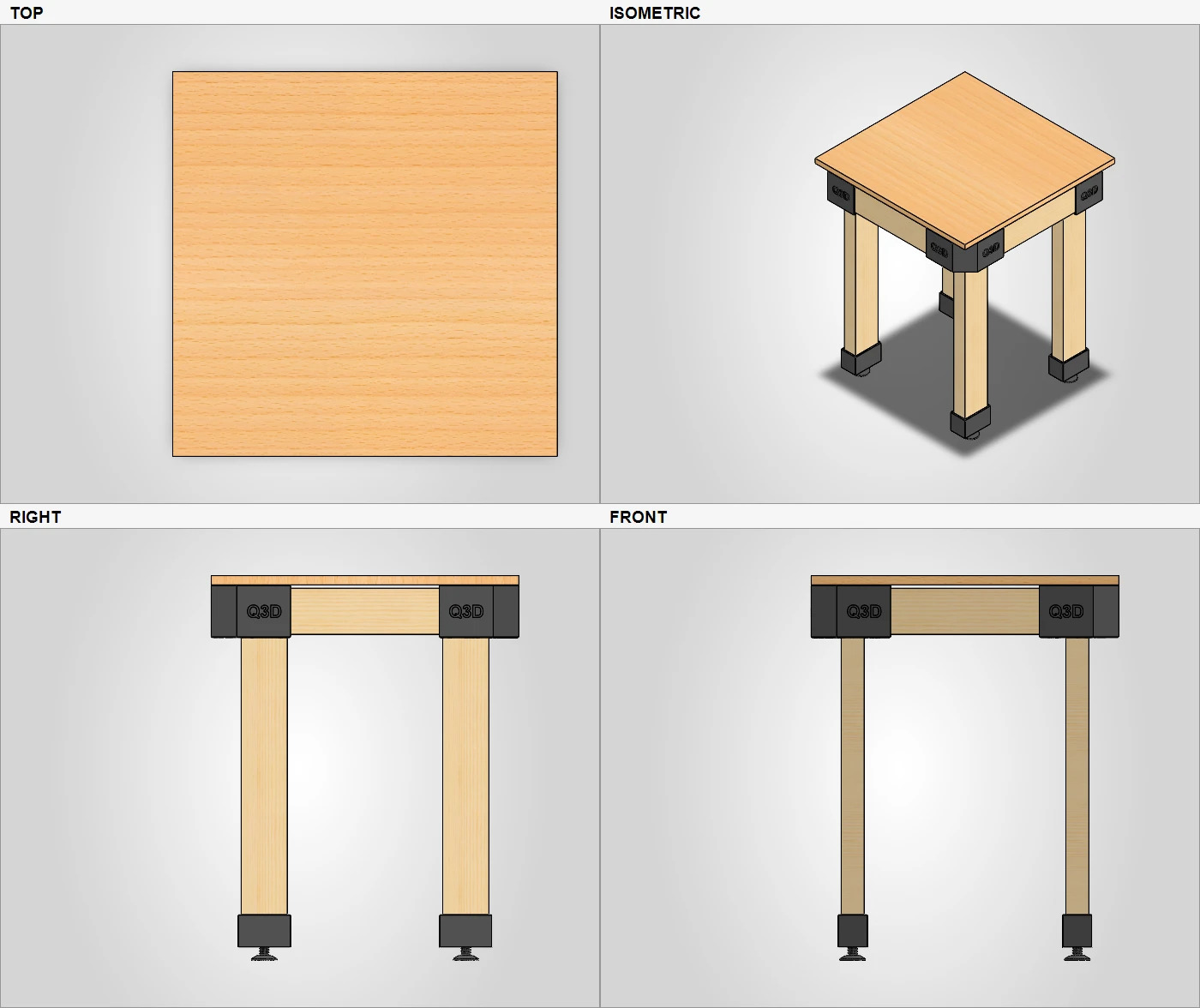 Top, isometric, right and front CAD views of the 600 × 600 mm table.