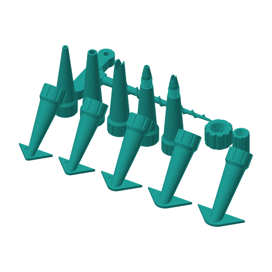 Render of all twelve SealMate nozzle kit pieces together.