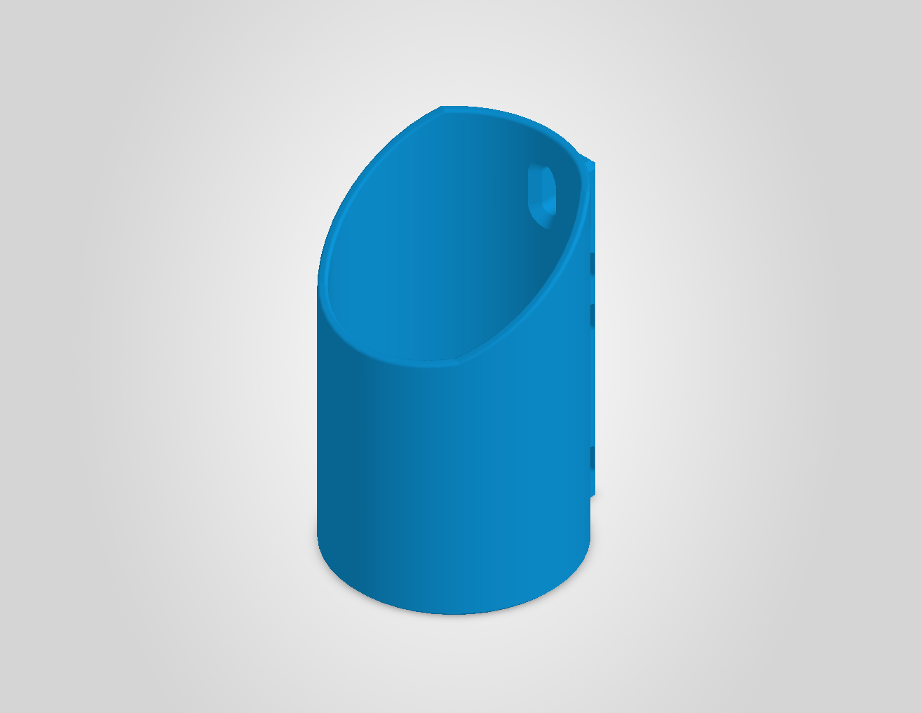 Isometric CAD view of the tractor bottle holder showing the open top and rear mounting plate.