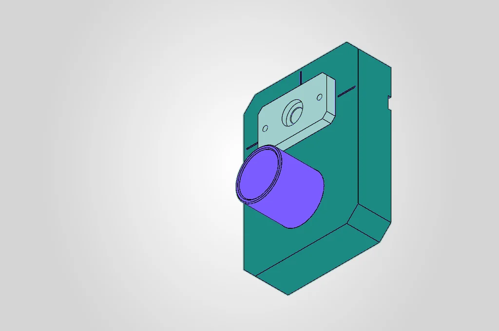 CAD render of the assembled Q3D CleanDrill drill dust catcher with vacuum spigot.