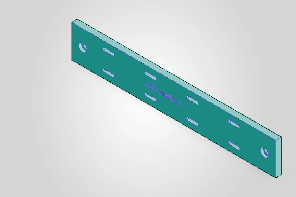 CAD render of the Q3D DeskDock under-desk cable rail with strap slots.