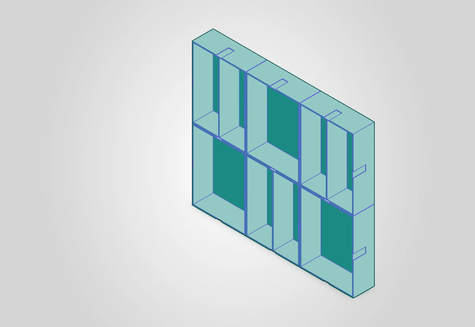 CAD render of the Q3D DrawerFit six-tray drawer organiser demonstration set.