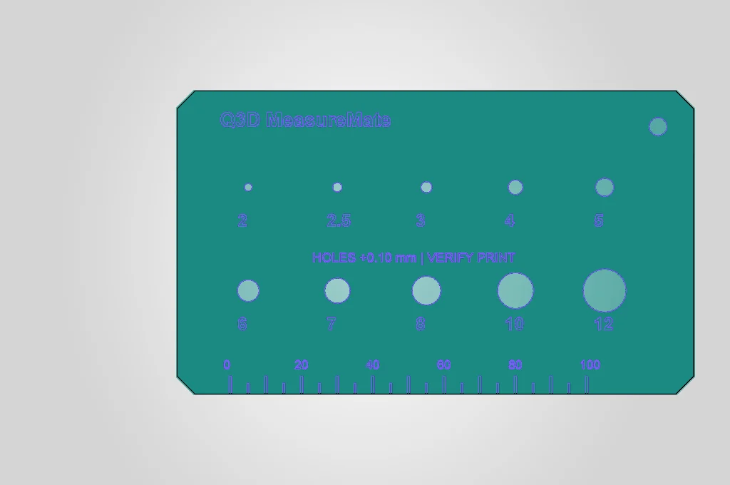 CAD render of the Q3D MeasureMate metric sorting gauge with labelled holes and a 100 mm scale.