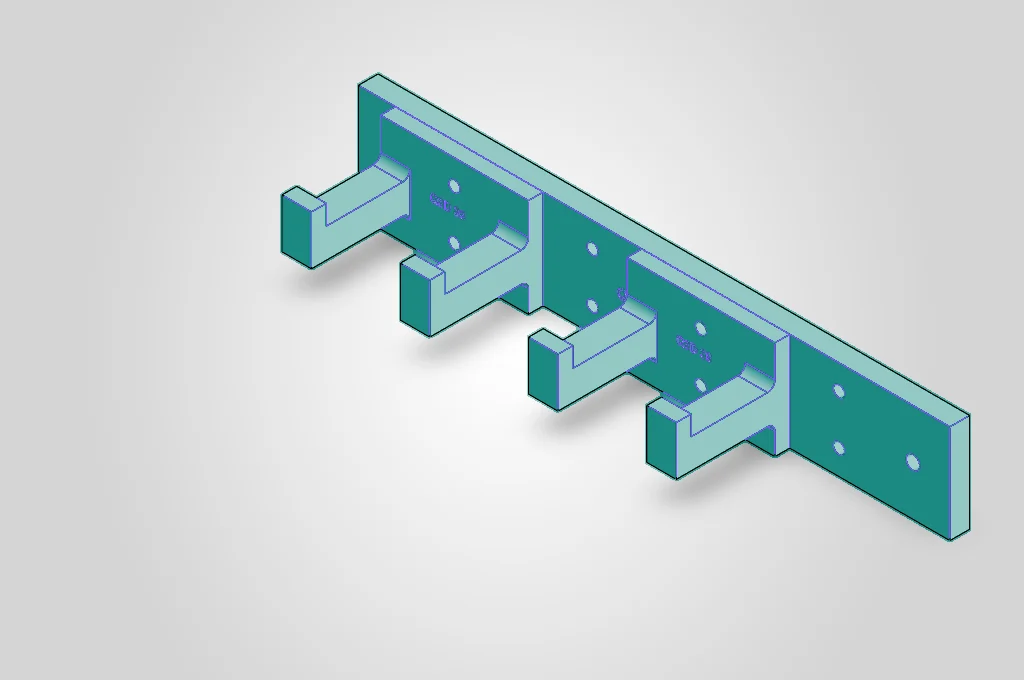 CAD render of two Q3D ShedMount fork holders mounted on the shared Q3D rail.